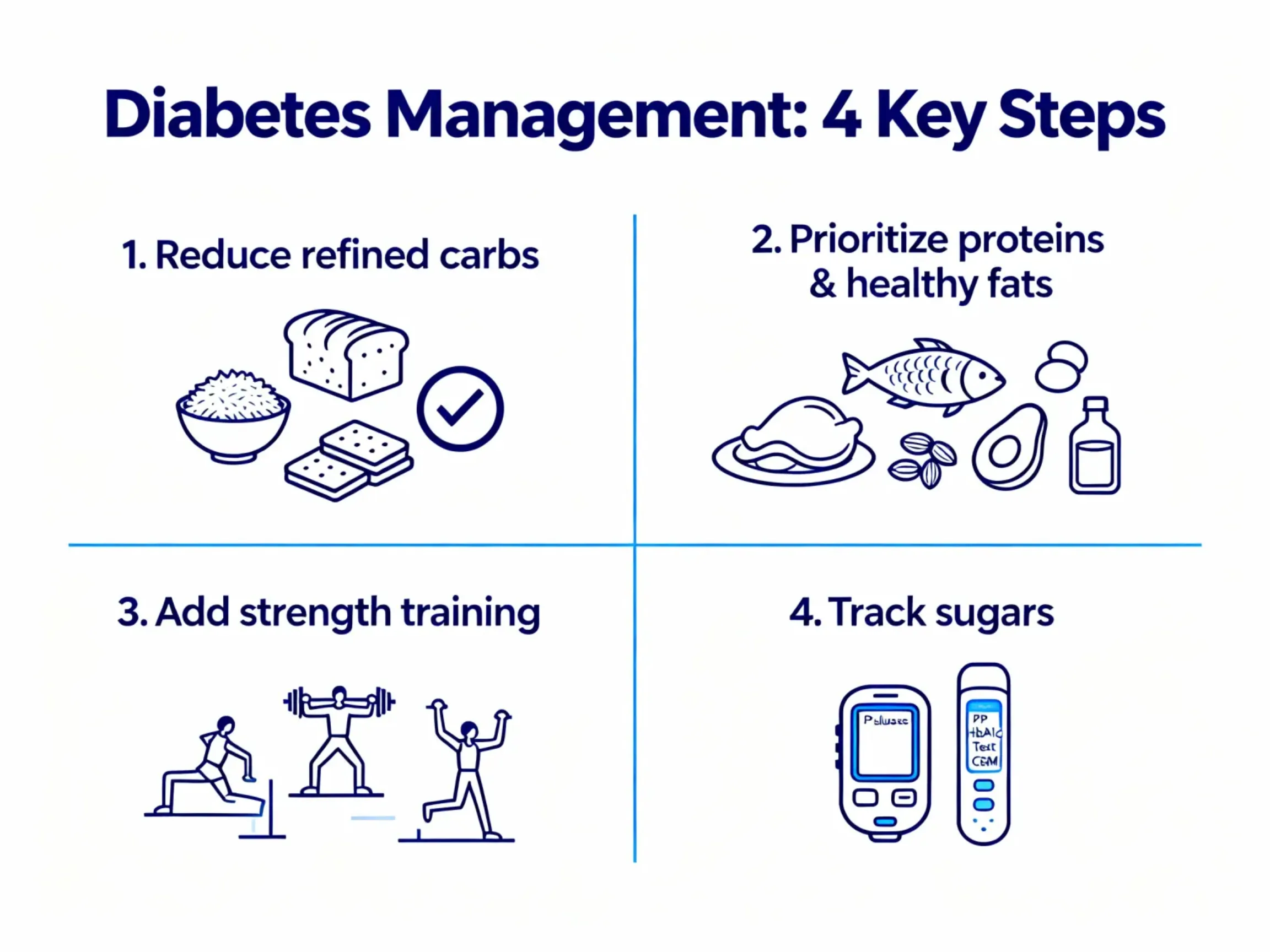 Infographic titled 'Diabetes Management: 4 Key Steps.' Step 1: Reduce refined carbs, with icons of bread, rice, and crackers. Step 2: Prioritize proteins and healthy fats, with icons of fish, chicken, nuts, avocado, and oil. Step 3: Add strength training, with illustrations of people exercising and lifting weights. Step 4: Track sugars, with icons of glucose meters.