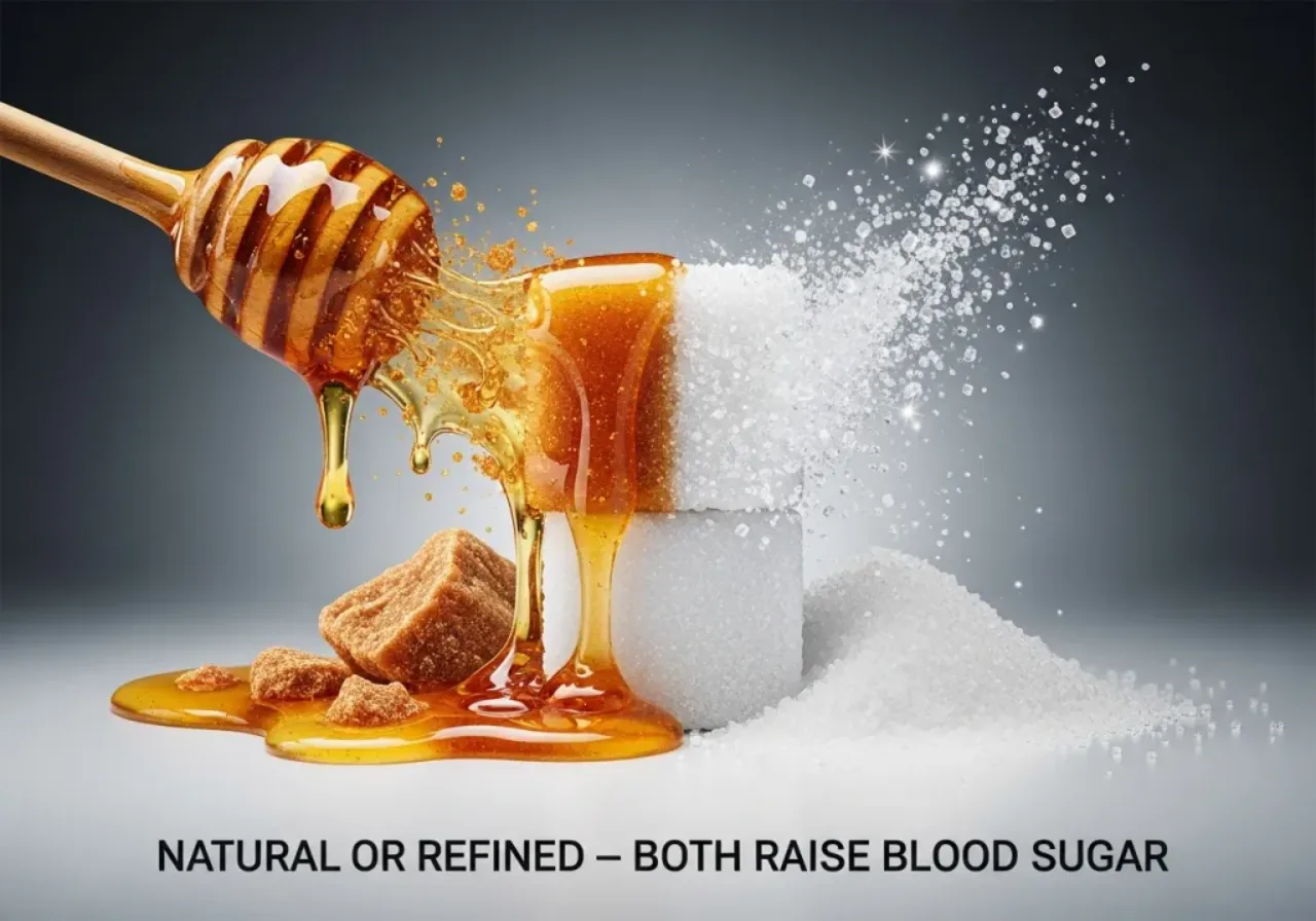 Honey dripping from a dipper over brown sugar chunks and melting onto white sugar cubes. Text: 'Natural or refined – both raise blood sugar'