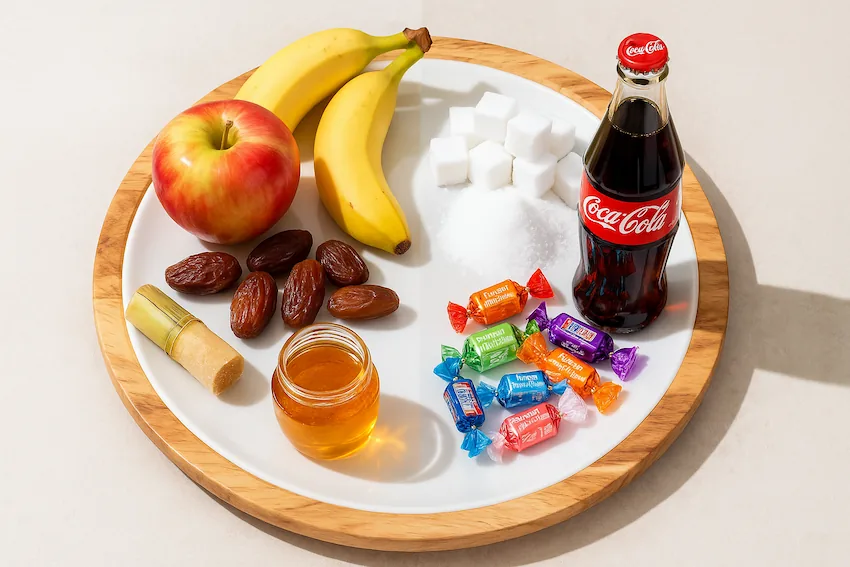 A round plate divided into two halves. The left side shows natural sugars with an apple, two bananas, dates, sugarcane, and a jar of honey. The right side shows artificial sugars with sugar cubes, granulated sugar, colorful wrapped candies, and a bottle of Coca-Cola. TImage refers 'Natural vs Artificial Sugar'.