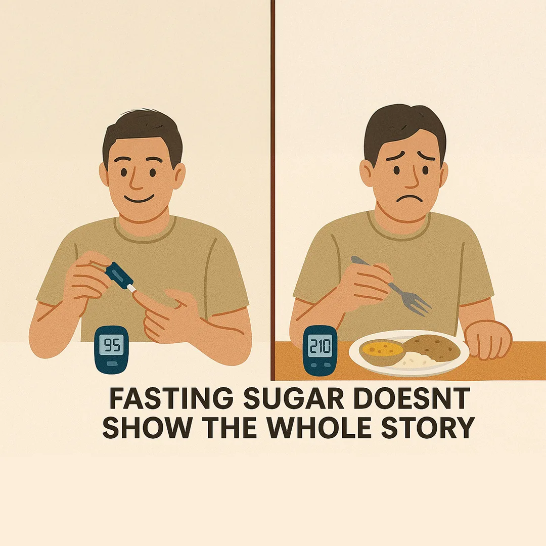 Split-panel illustration showing diabetes monitoring. On the left, a smiling man checks his fasting blood sugar, which reads 95 mg/dL. On the right, the same man looks worried after eating rice, roti, and dal, as his glucose meter shows 210 mg/dL. The caption reads, “Fasting sugar doesn’t show the whole story.” 