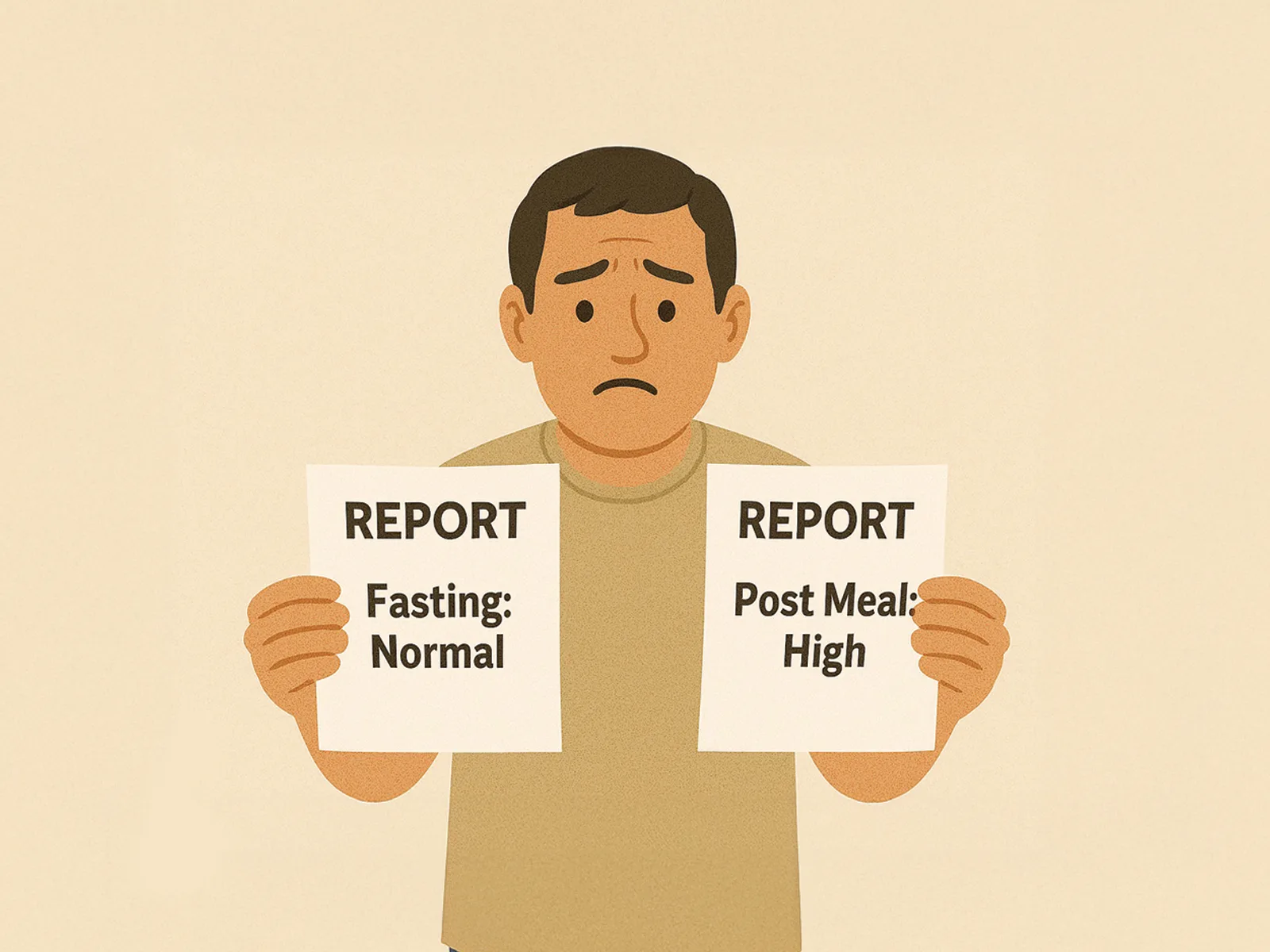 Illustration of a worried man holding two medical reports. The left report reads “Fasting: Normal” and the right report reads “Post Meal: High,” symbolizing that fasting blood sugar alone doesn’t reveal the full picture of diabetes management.