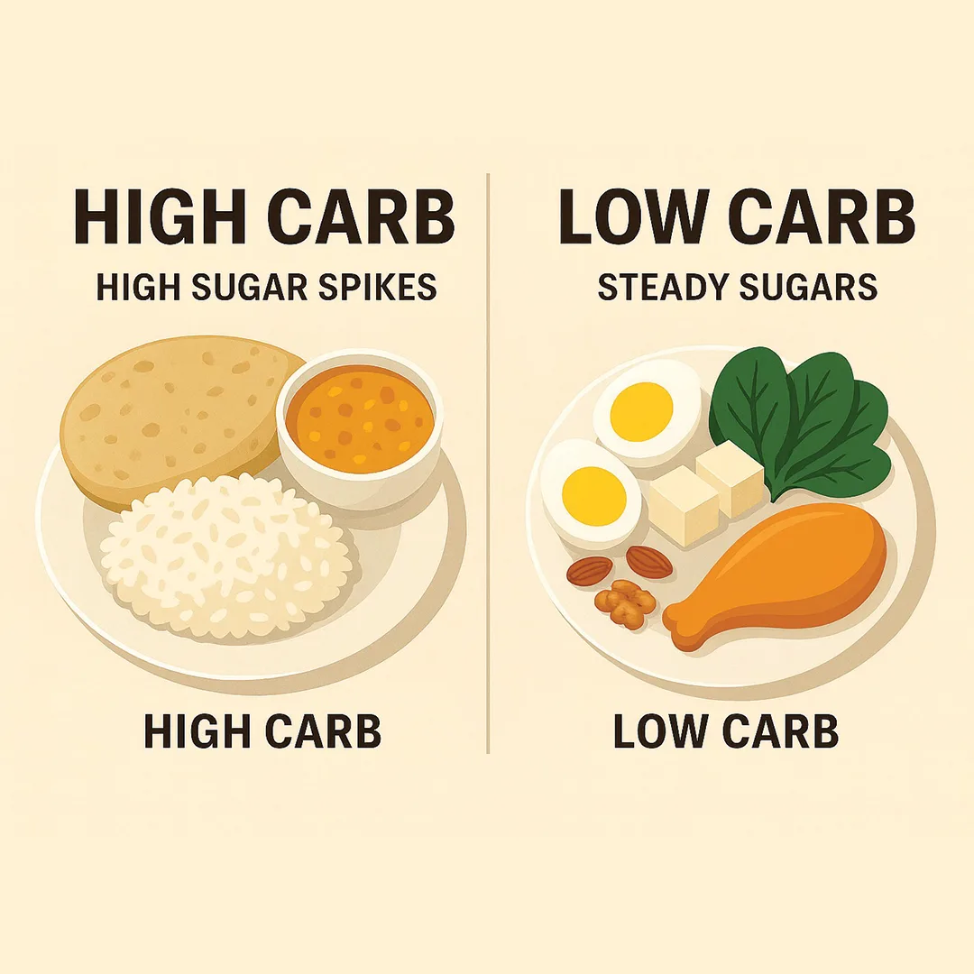 Infographic comparing two diets. On the left, a high-carb plate with rice, chapati, and dal labeled “High Carb – High Sugar Spikes.” On the right, a low-carb plate with boiled eggs, paneer cubes, leafy greens, nuts, and a chicken leg labeled “Low Carb – Steady Sugars.”