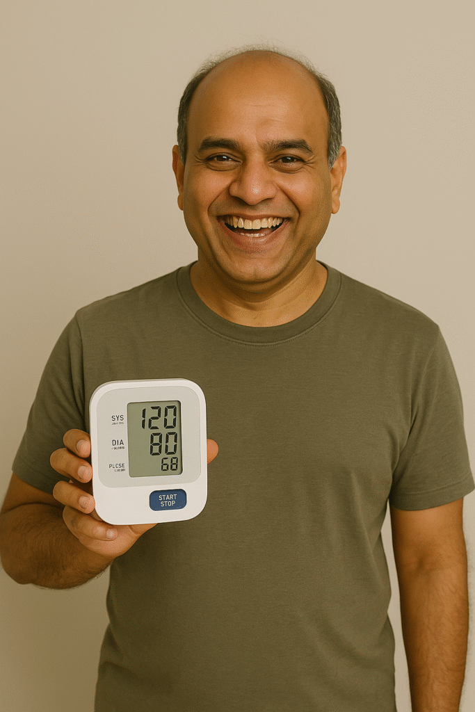 A middle-aged Indian man, slightly balding, smiling triumphantly while holding a digital blood pressure monitor showing a healthy reading of 120/80, standing against a neutral background.
