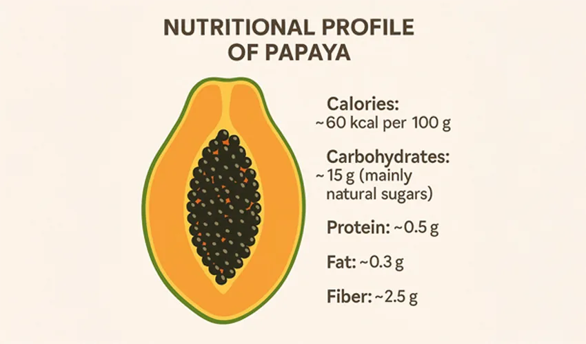 Infographic of papaya nutritional profile per 100 g, featuring a halved papaya illustration with nutrient values: ~60 kcal, ~15 g carbohydrates (mainly natural sugars), ~0.5 g protein, ~0.3 g fat, ~2.5 g fiber. 