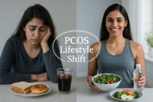  Split-screen photograph showing a PCOS lifestyle transformation. On the left, a tired South Asian woman sits with her head resting on her hand, looking stressed, with a plate containing slices of white bread and a donut, and a glass of iced drink in front of her. On the right, the same woman appears healthy and smiling, holding a large bowl of fresh salad with leafy greens and cherry tomatoes, and a bottle of water. In front of her is a plate with salmon, boiled eggs, and steamed broccoli. The text “PCOS Lifestyle Shift” is displayed in the center within an oval outline.
