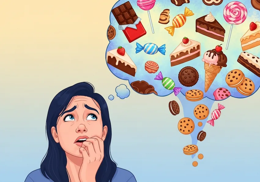 An anxious woman bites her nails while imagining a large thought bubble filled with various sweets like chocolate, candy, cake, ice cream, and cookies, representing overwhelming sugar cravings.