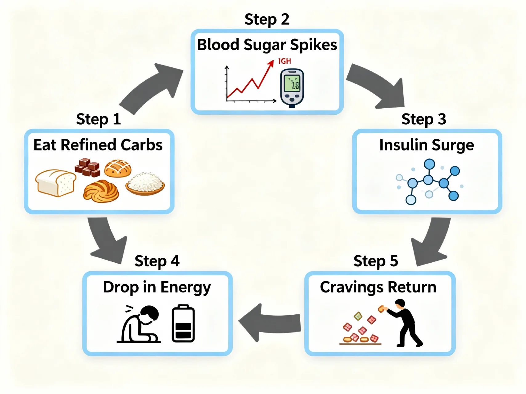 Cycle diagram showing the sugar craving loop in five steps