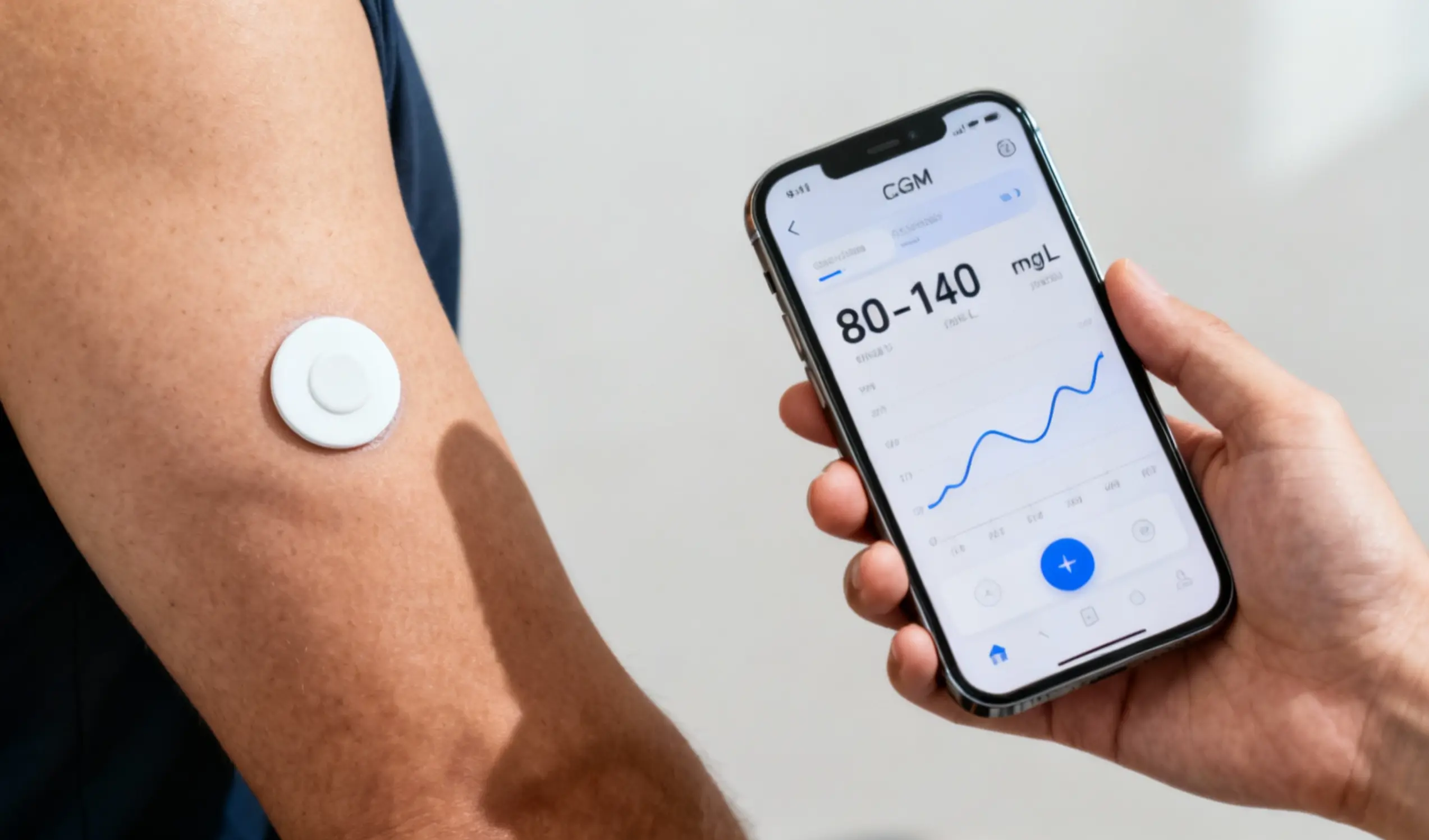 A person’s arm wearing a circular continuous glucose monitoring (CGM) sensor, with another hand holding a smartphone displaying a glucose tracking app that shows blood sugar levels ranging from 80–140 mg/dL on a line graph.