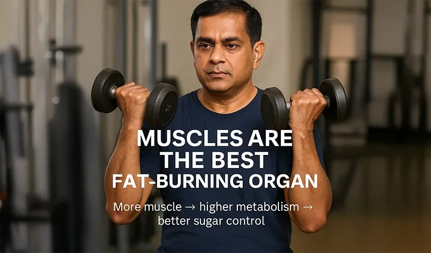 A middle-aged South Asian man lifting dumbbells in a gym setting, with bold overlay text reading “Muscles are the Best Fat-Burning Organ” and smaller subtext “More muscle → higher metabolism → better sugar control.” Clean, professional healthcare infographic style.
