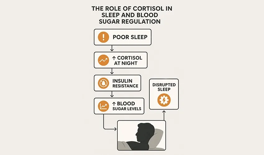 Flowchart showing the role of cortisol in sleep and blood sugar regulation. Poor sleep increases cortisol at night, leading to insulin resistance, higher blood sugar levels, and disrupted sleep. Illustration includes icons for cortisol, insulin resistance, and a person lying in bed.