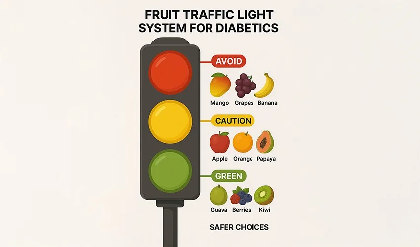 Infographic showing a traffic light system for diabetics. Red light section labeled 'Avoid' includes mango, grapes, and banana. Yellow light section labeled 'Caution' includes apple, orange, and papaya. Green light section labeled 'Safer Choices' includes guava, berries, and kiwi. Worst fruits for diabetics