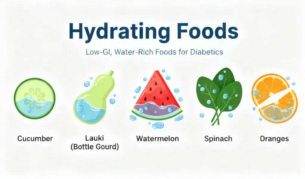 An infographic titled "Hydrating Foods" that lists five low-GI, water-rich foods for people with diabetes. From left to right, the images show a cucumber slice in water, a bottle gourd (lauki) with water inside, a slice of watermelon with water droplets, a bunch of spinach leaves with water, and an orange cut in half with a water splash.
