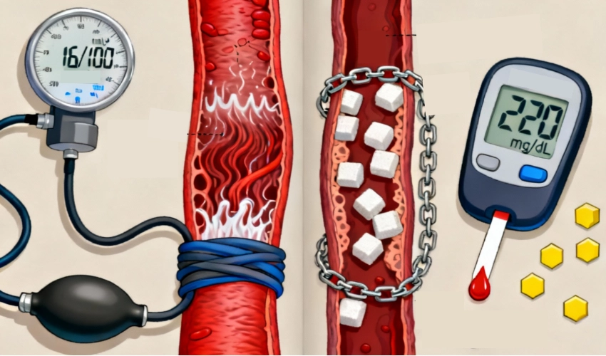 An illustrative medical diagram comparing hypertension & diabetes. The image is split into two main sections: Hypertension (left): A blood pressure cuff and gauge, indicating a severe reading of 160/100, is wrapped around a blood vessel. The vessel wall appears irritated, inflamed, and narrowed, symbolizing high pressure damage. Diabetes (right): A blood vessel contains several sugar cubes (representing high blood glucose) secured by a metal chain, symbolizing sugar damage and flow restriction. Beside the vessel is a glucometer displaying a high blood sugar reading of 220 mg/dL, with a test strip showing a drop of blood.