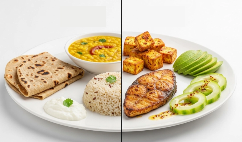 A plate is divided into two halves to compare different meals. The left side (representing a higher-carb, low-fat meal) features two folded chapatis (flatbreads), a bowl of dal (lentils), a scoop of brown rice, and a dollop of yogurt. The right side (representing a lower-carb, high-fat meal) features a fillet of seared fish (or steak), cubes of roasted or fried paneer (cheese), sliced avocado, and sliced cucumber. this image is for blog Low-Carb Diet vs. Low-Fat Diet for Diabetes