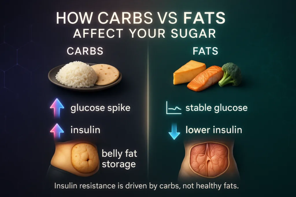 An informational graphic titled "How Carbs vs Fats Affect Your Sugar." The left side, under "Carbs" (showing rice and tortillas), indicates a ↑ glucose spike, ↑ insulin, and belly fat storage. The right side, under "Fats" (showing cheese, salmon, and broccoli), indicates stable glucose (with a flat line graph), ↓ lower insulin, and a thinner abdomen with visible muscle. The text at the bottom reads: "Insulin resistance is driven by carbs, not healthy fats."