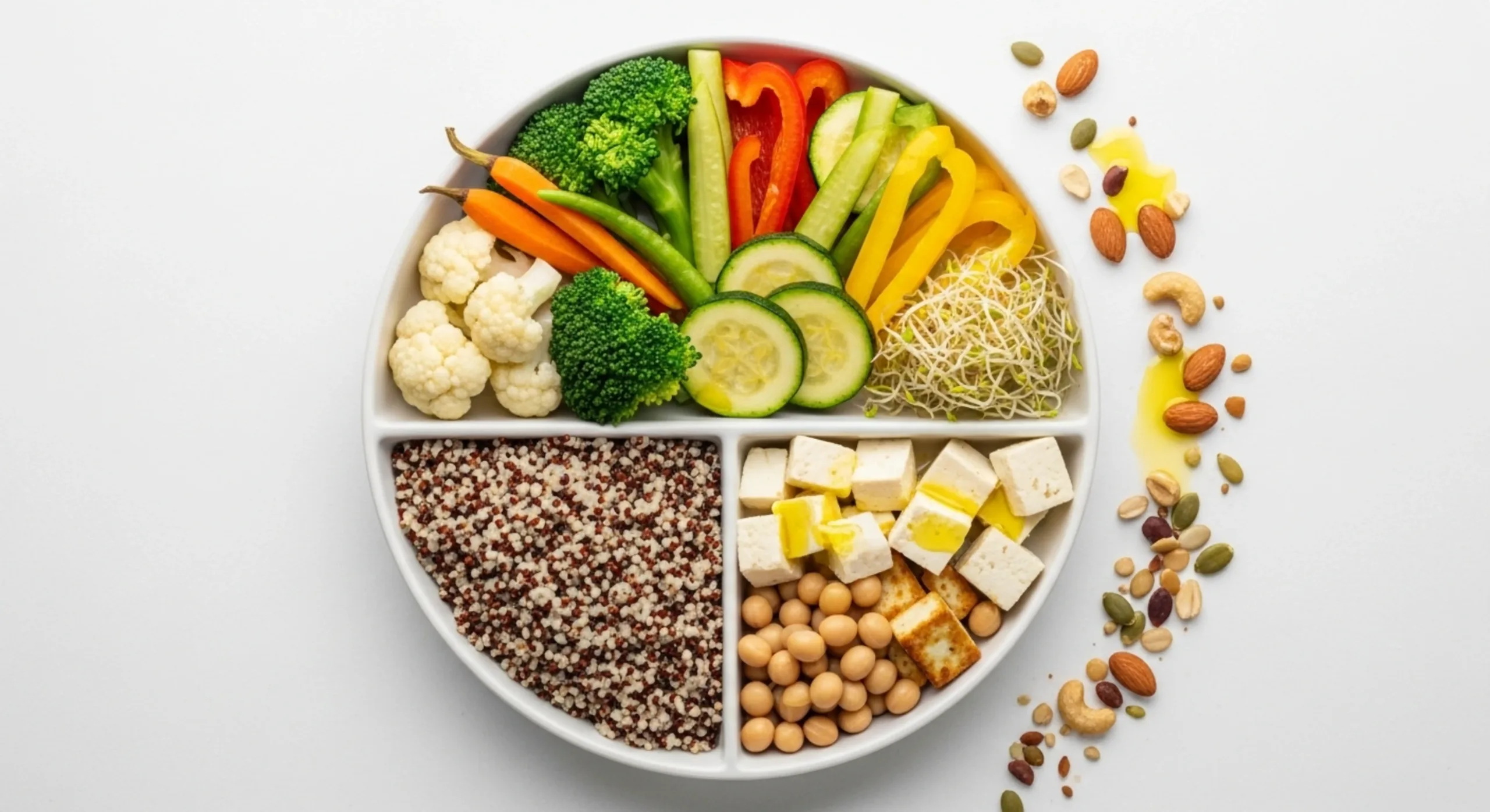 A top-down view of a white, partitioned plate divided into four sections, showcasing a colorful plant-based diet for diabetes meal. The large top section features a vibrant salad of raw vegetables — broccoli, cauliflower, carrots, green beans, bell peppers, cucumber, zucchini, and sprouts. The bottom left holds cooked mixed quinoa, while the bottom right contains tofu cubes drizzled with oil and soybeans (edamame). Loose nuts and seeds, including almonds, cashews, pumpkin seeds, and sunflower seeds, are scattered around the plate on a white background.