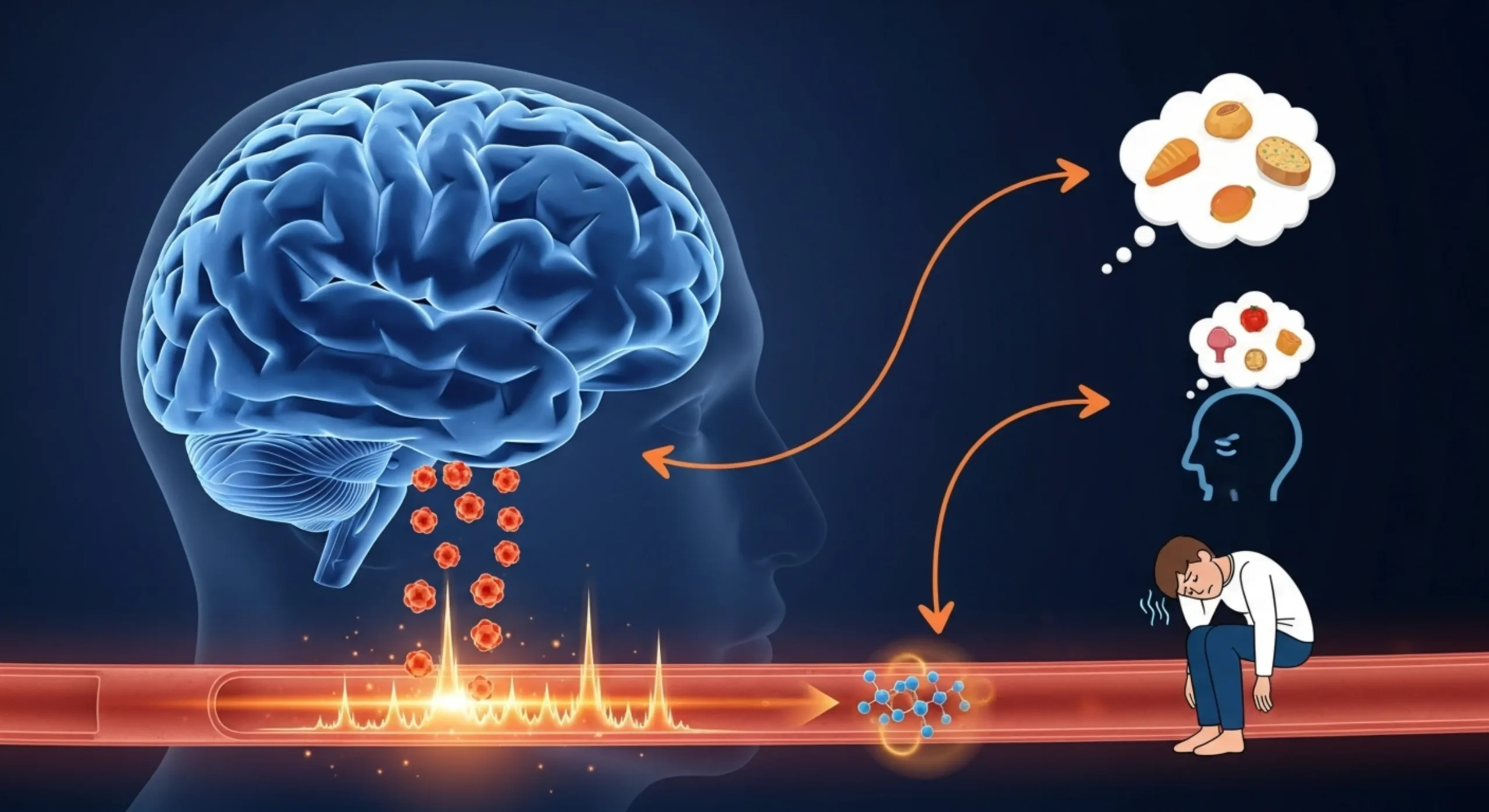 Illustration of how brain and blood sugar interact. On the left, a human brain releases signals into the bloodstream, shown with red particles and glucose spikes. On the right, arrows connect the brain to thought bubbles: one showing cravings for bread, pastries, and burgers, another showing healthier foods like fruits and vegetables. Below, a tired person sits slouched, symbolizing fatigue from blood sugar fluctuations. Showing relation between stress and diabetes