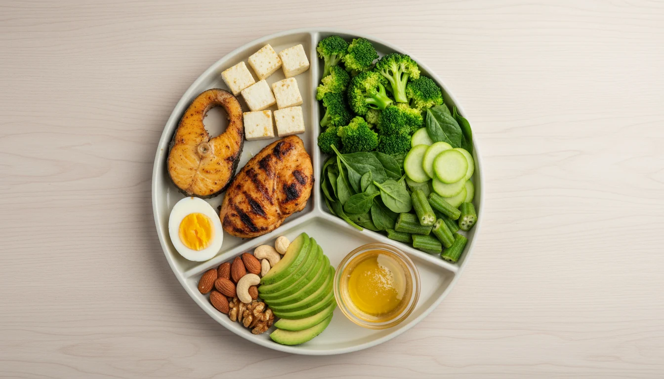 A balanced meal representing the low carb high protein diet for type 2 diabetes, shown on a partitioned plate containing grilled salmon, grilled chicken breast, a hard-boiled egg, and tofu cubes for protein; broccoli, spinach, cucumber slices, and okra for low-carb vegetables; sliced avocado, almonds, cashews, and walnuts for healthy fats, along with a small bowl of olive oil.
