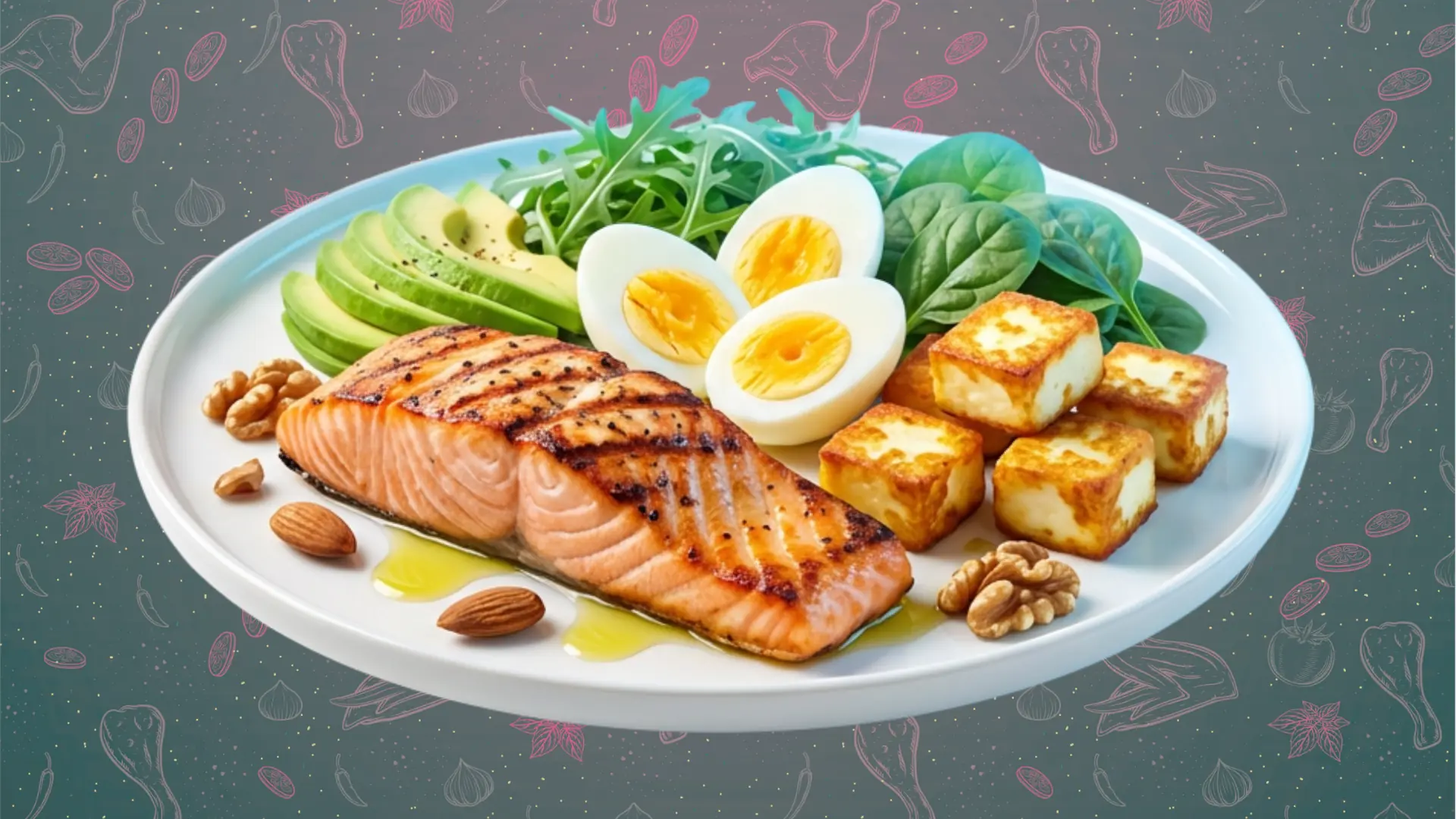 A white plate holds a healthy, low-carb meal designed for Type 2 diabetes reversal, featuring a grilled salmon fillet drizzled with olive oil, two halved hard-boiled eggs, avocado slices, fresh leafy greens (arugula and spinach), fried paneer or tofu cubes, and a few almonds and walnuts on a dark pink/grey patterned background.