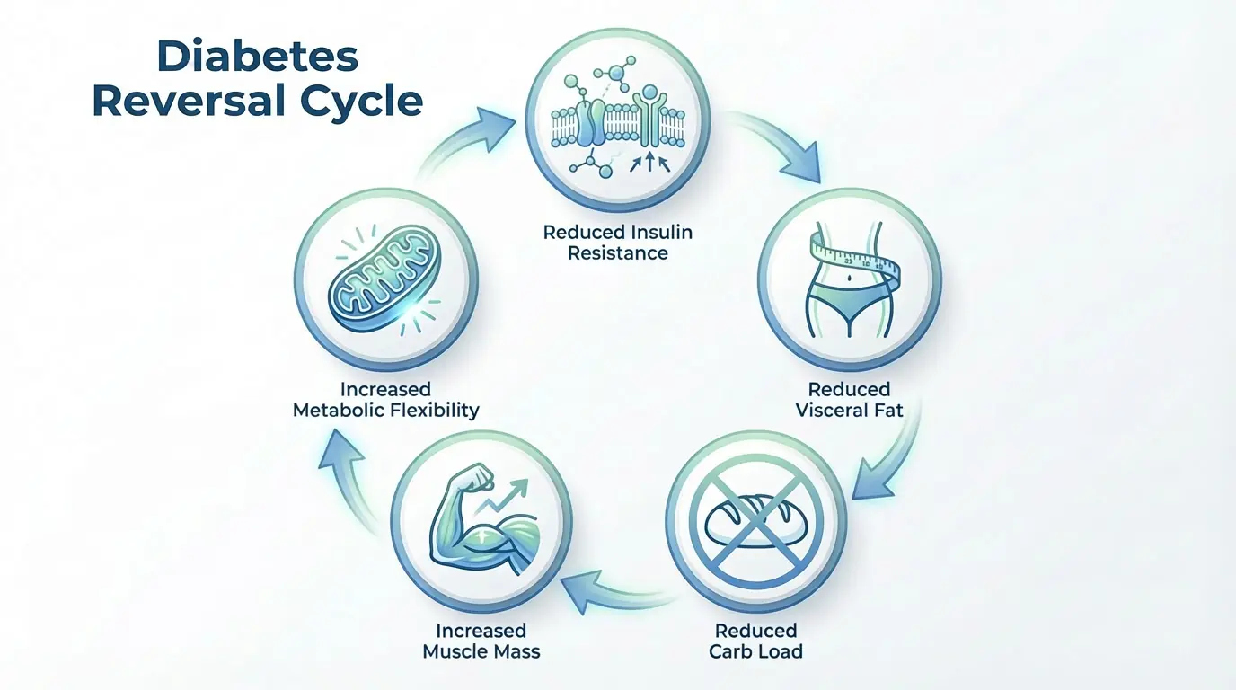 A circular infographic explaining the Type 2 diabetes reversal cycle, titled 'Diabetes Reversal Cycle', with five interconnected steps: reduced insulin resistance, reduced visceral fat, reduced carb load, increased muscle mass, and increased metabolic flexibility, each represented with relevant icons.