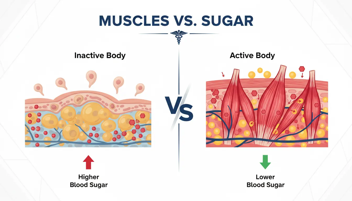 Infographic showing the best exercise for diabetes with a comparison between an inactive body and an active body. The inactive side has enlarged fat cells labeled ‘Higher Blood Sugar,’ while the active side shows strong muscle fibers using glucose labeled ‘Lower Blood Sugar.’ Title reads ‘Muscles vs. Sugar.’