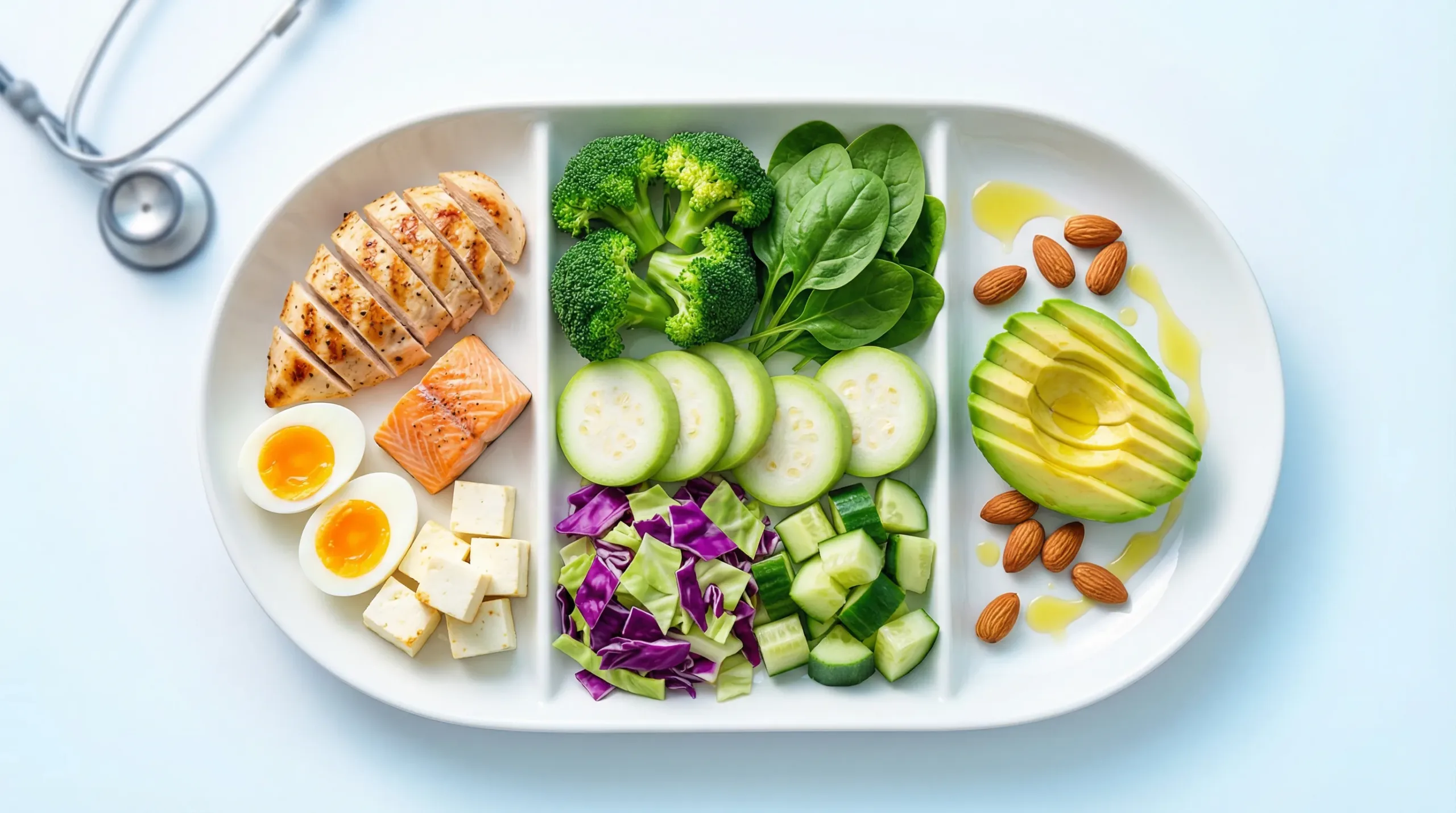 "An overhead shot of a white partitioned platter containing a healthy, low-carb meal featuring foods that help reverse diabetes. The three sections hold sliced grilled chicken, a piece of salmon, two halves of hard-boiled eggs, and cubes of cheese or paneer; sliced zucchini, broccoli florets, fresh spinach, chopped purple cabbage, and cucumber; and sliced avocado drizzled with oil alongside a handful of almonds. A stethoscope is visible in the upper left corner on a light background."