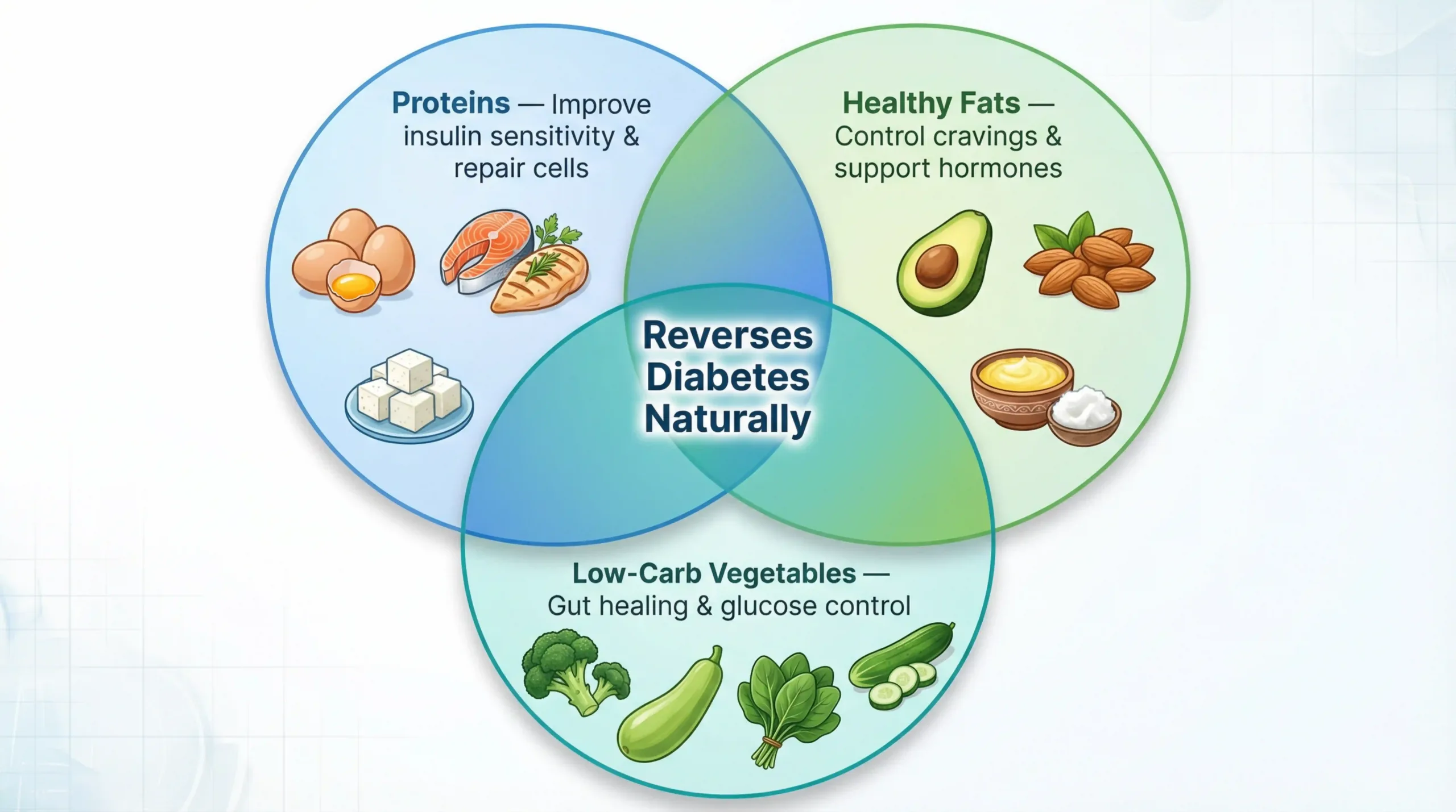 "A three-way Venn diagram illustrating key foods that help reverse diabetes by combining essential food groups. The top-left blue circle shows 'Proteins — Improve insulin sensitivity & repair cells' with images of eggs, salmon, and cheese or tofu. The top-right green circle shows 'Healthy Fats — Control cravings & support hormones' with images of an avocado, almonds, and a bowl of ghee or butter. The bottom blue circle shows 'Low-Carb Vegetables — Gut healing & glucose control' with images of broccoli, zucchini, spinach, and cucumber."