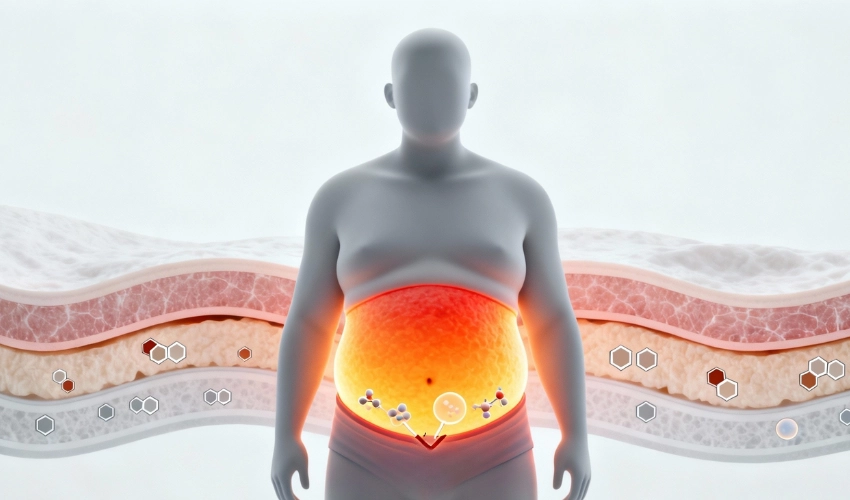 Medical illustration showing the obesity and type 2 diabetes connection with an overweight human torso. The abdominal region highlights visceral fat in a red-orange glow, representing inflammation and metabolic stress that drives insulin resistance.