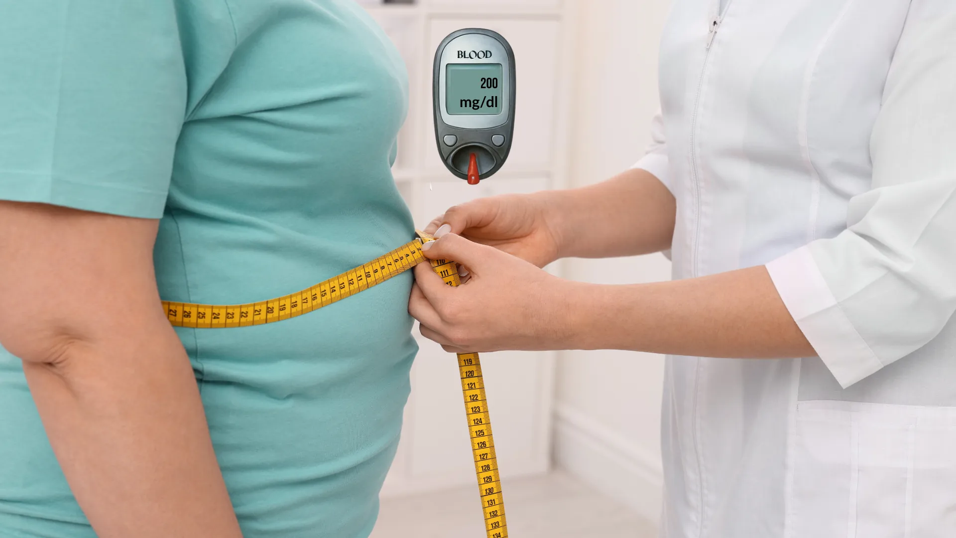 "Medical illustration showing the obesity and type 2 diabetes connection, depicting an overweight human torso with visceral fat highlighted in a red-orange glow to indicate inflammation and metabolic stress."