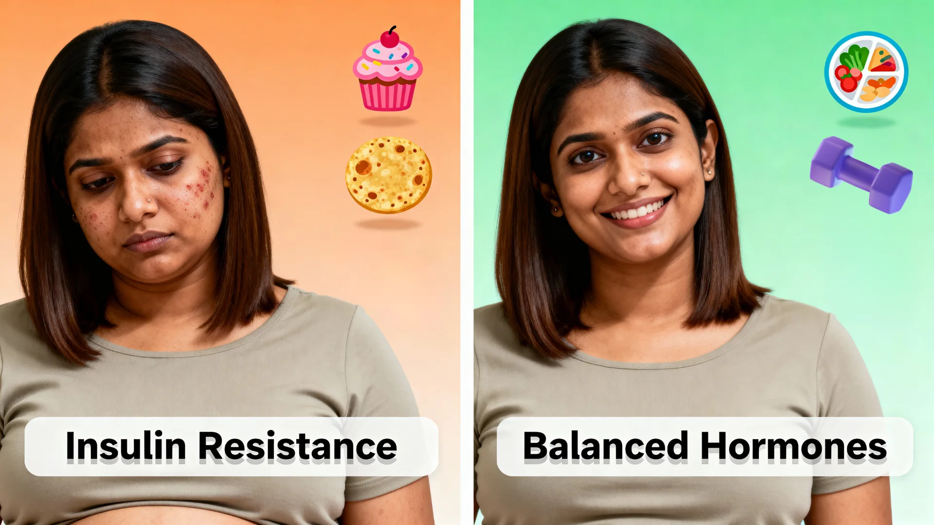 A composite image illustrating PCOS weight gain, showing two young women side-by-side. The left side labeled ‘Insulin Resistance’ features a woman with a sad expression, acne, and a slightly protruding belly next to high-carb foods like a cupcake and flatbread. The right side labeled ‘Balanced Hormones’ shows the same woman smiling, with a balanced meal and a dumbbell representing healthy diet and exercise.