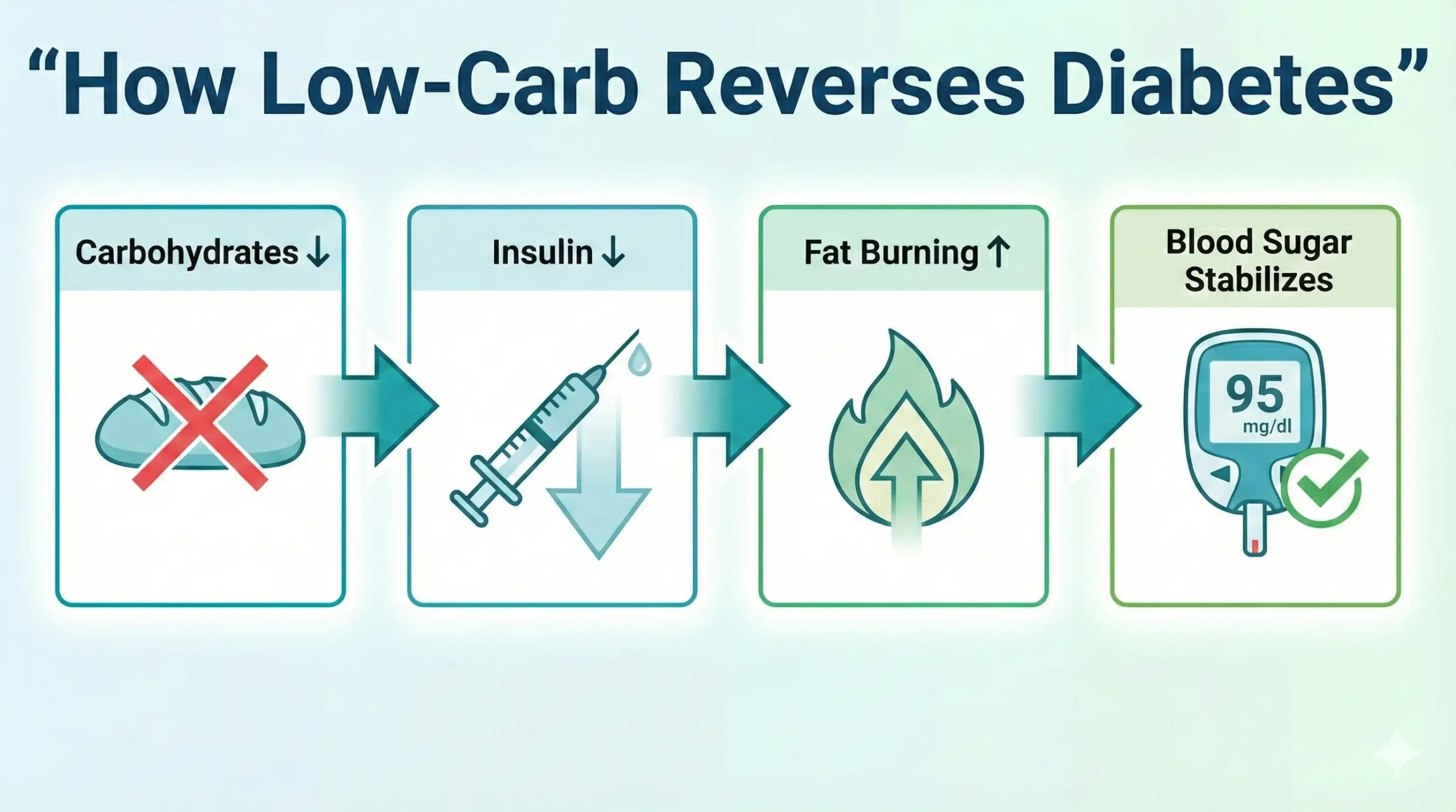 “An infographic titled ‘How Low-Carb Reverses Diabetes’ showing four steps: reduced carbohydrates, lowered insulin, increased fat burning, and stabilized blood sugar represented by a glucose meter reading 95 mg/dl with a check mark, highlighting its role in a 4-week diabetes reversal diet plan.”