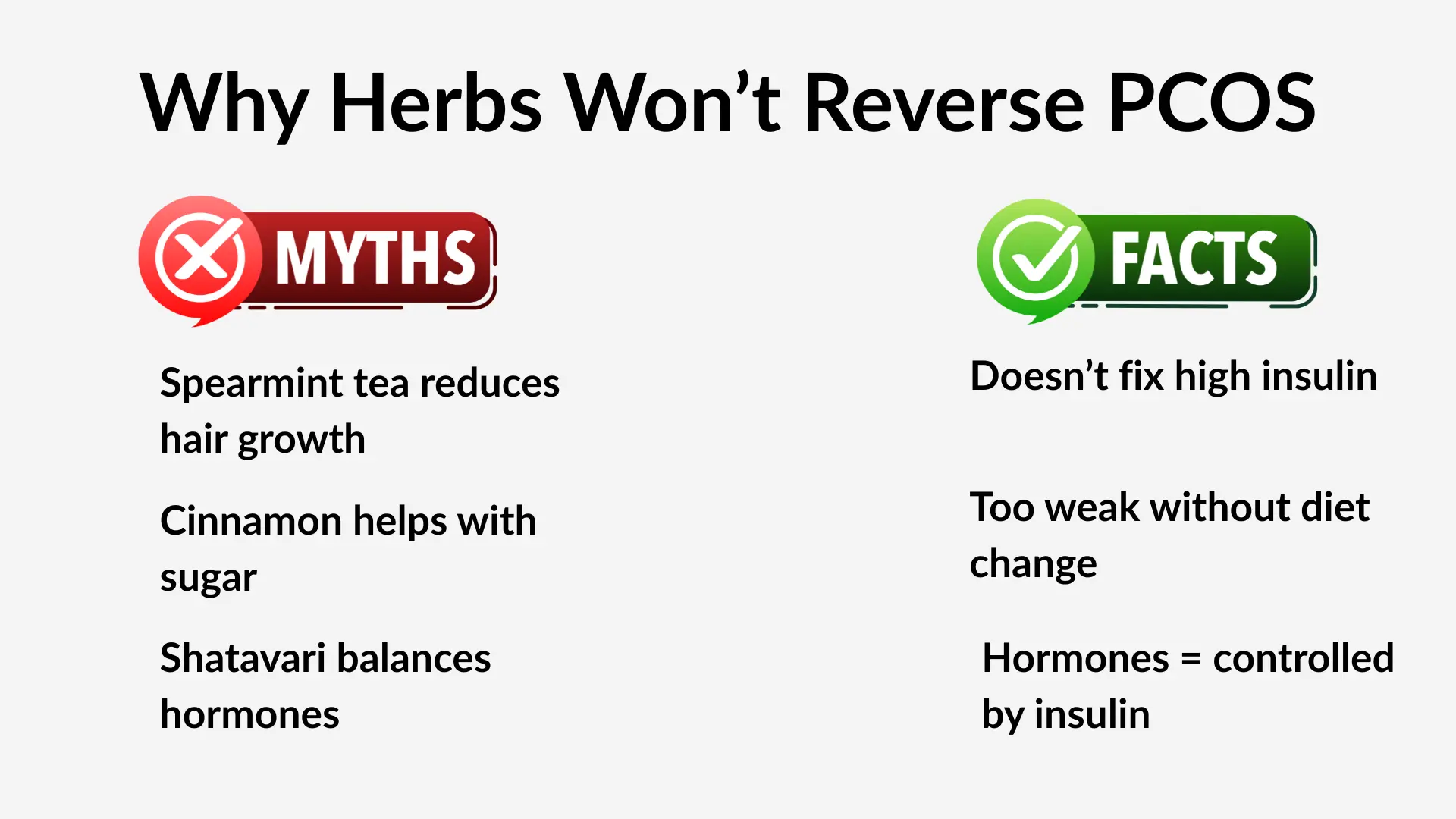 An infographic for PCOS management titled “Why Herbs Won’t Reverse PCOS,” showing myths versus facts. The myths side highlights beliefs like spearmint tea, cinnamon, and shatavari helping PCOS, while the facts side explains that effective PCOS management requires fixing insulin resistance, not relying on herbs.