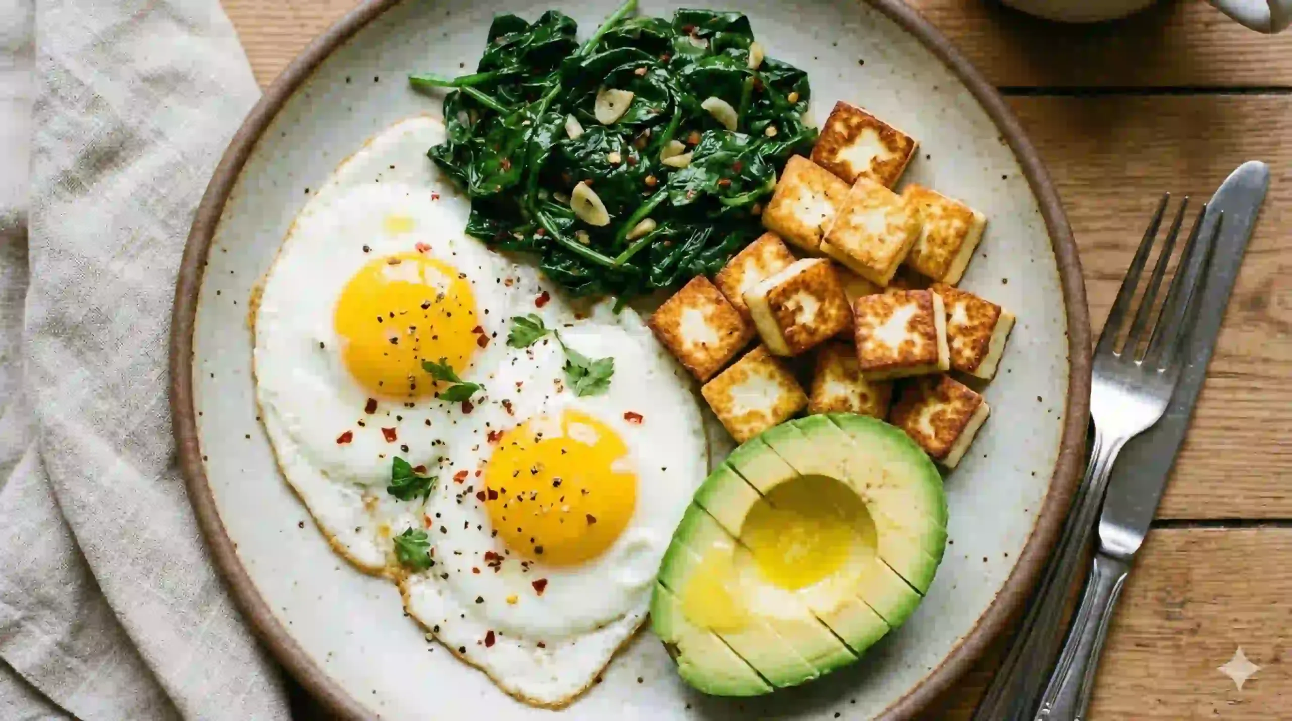 A breakfast plate used in PCOS management featuring two sunny-side-up eggs, sautéed spinach with garlic, golden-brown tofu cubes, and half an avocado, served on a ceramic dish with a fork and knife on the side.
