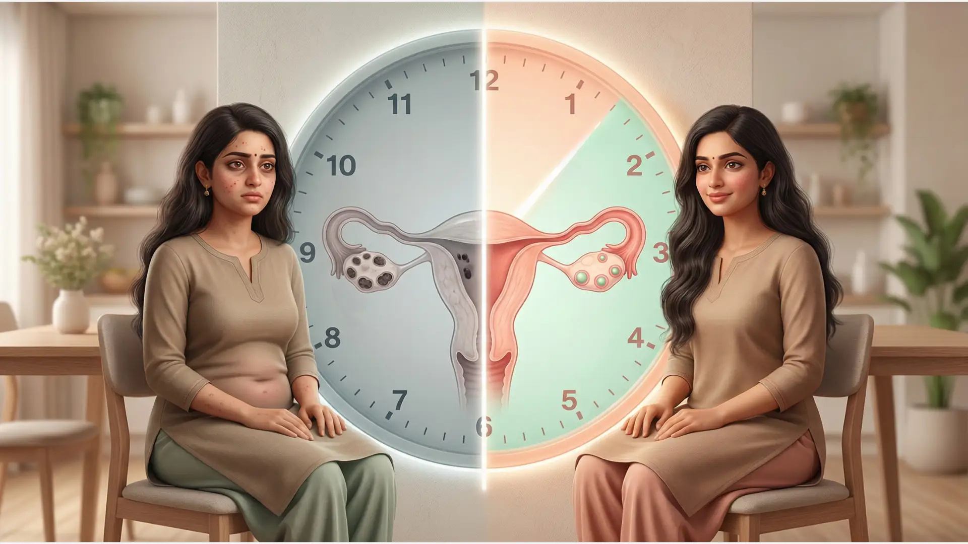 A visual comparison of a woman before and after a health intervention for PCOS, highlighting the effects of Intermittent Fasting for PCOS. Two identical images of a woman sit on either side of a large clock with a uterus–ovary diagram; the left shows desaturated acne-prone skin and PCOS features, while the right shows bright, clear, healthy skin symbolizing positive metabolic change.