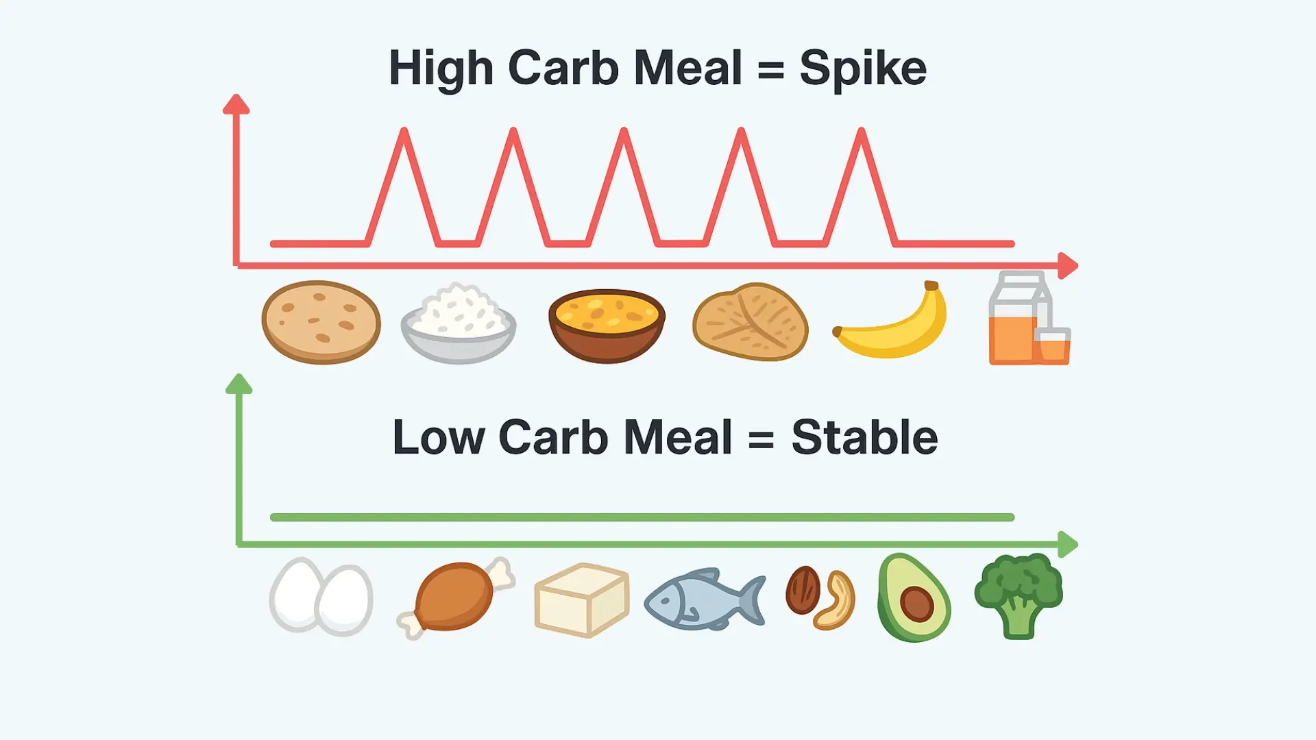 "An infographic comparing blood sugar responses to different meals within a diabetes reversal diet. The top section, labeled 'High Carb Meal = Spike,' shows a sharp red spike over icons of flatbread, rice, lentils, bread, a banana, and juice/milk. The bottom section, labeled 'Low Carb Meal = Stable,' shows a flat, stable green line over low-carb diabetes reversal diet foods like eggs, chicken, cheese/tofu, fish, nuts, avocado, and broccoli."