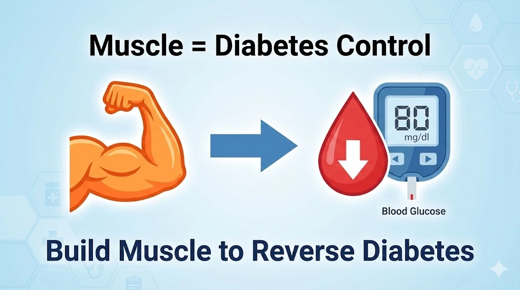 A graphic illustrating how an exercise plan for diabetes reversal works, showing a flexed muscle icon directing glucose into muscles, a downward arrow on a blood drop, and a glucose meter reading 80 mg/dL with the message “Build Muscle to Reverse Diabetes.”