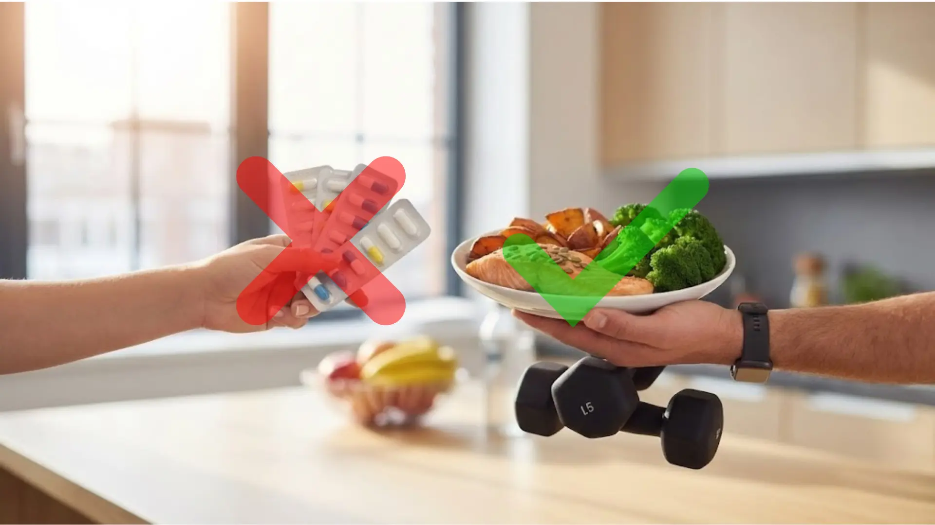 A side-by-side comparison illustrating how long does it take to reverse diabetes with lifestyle change versus medication. The left side shows blister packs of pills crossed with a red X, while the right side shows a plate of healthy food with a dumbbell and a green checkmark, symbolizing faster diabetes reversal through diet and strength training.