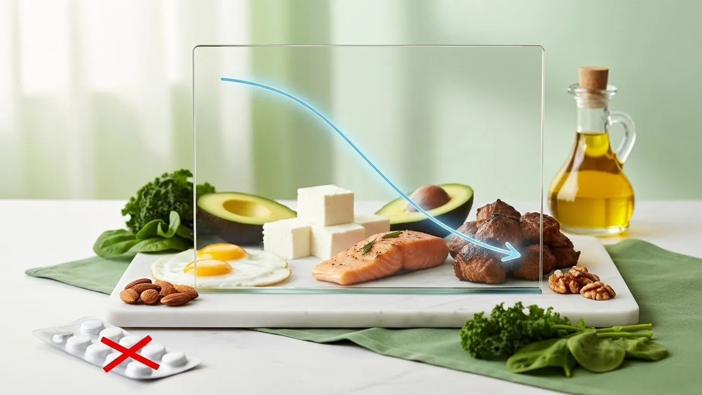 A still-life image showing foods used to reverse prediabetes naturally, highlighting a low-carb, high-fat, and protein-rich diet. A downward-sloping blue arrow represents reduced blood sugar and insulin. The foreground includes salmon, feta cheese, avocado, fried eggs, steak, nuts (almonds and walnuts), leafy greens (kale and spinach), and a bottle of olive oil. A crossed-out strip of pills in the corner emphasizes a natural, non-medication approach.