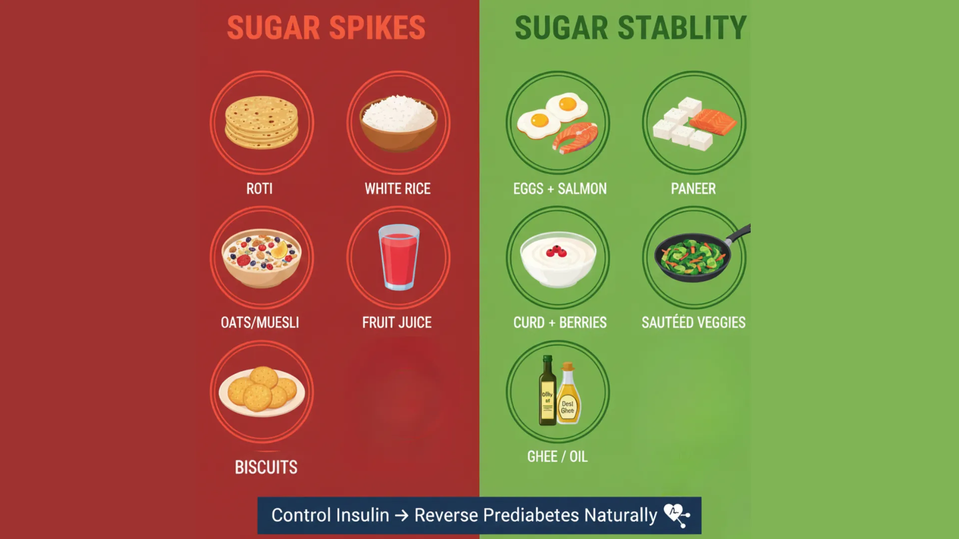 An infographic comparing Sugar Spikes foods versus Sugar Stability foods to help people reverse prediabetes naturally. The red column lists roti, white rice, oats/muesli, fruit juice, and biscuits, while the green column shows eggs with salmon, paneer, curd with berries, sautéed vegetables, and ghee/olive oil. The caption reads: “Control Insulin → Reverse Prediabetes Naturally.”