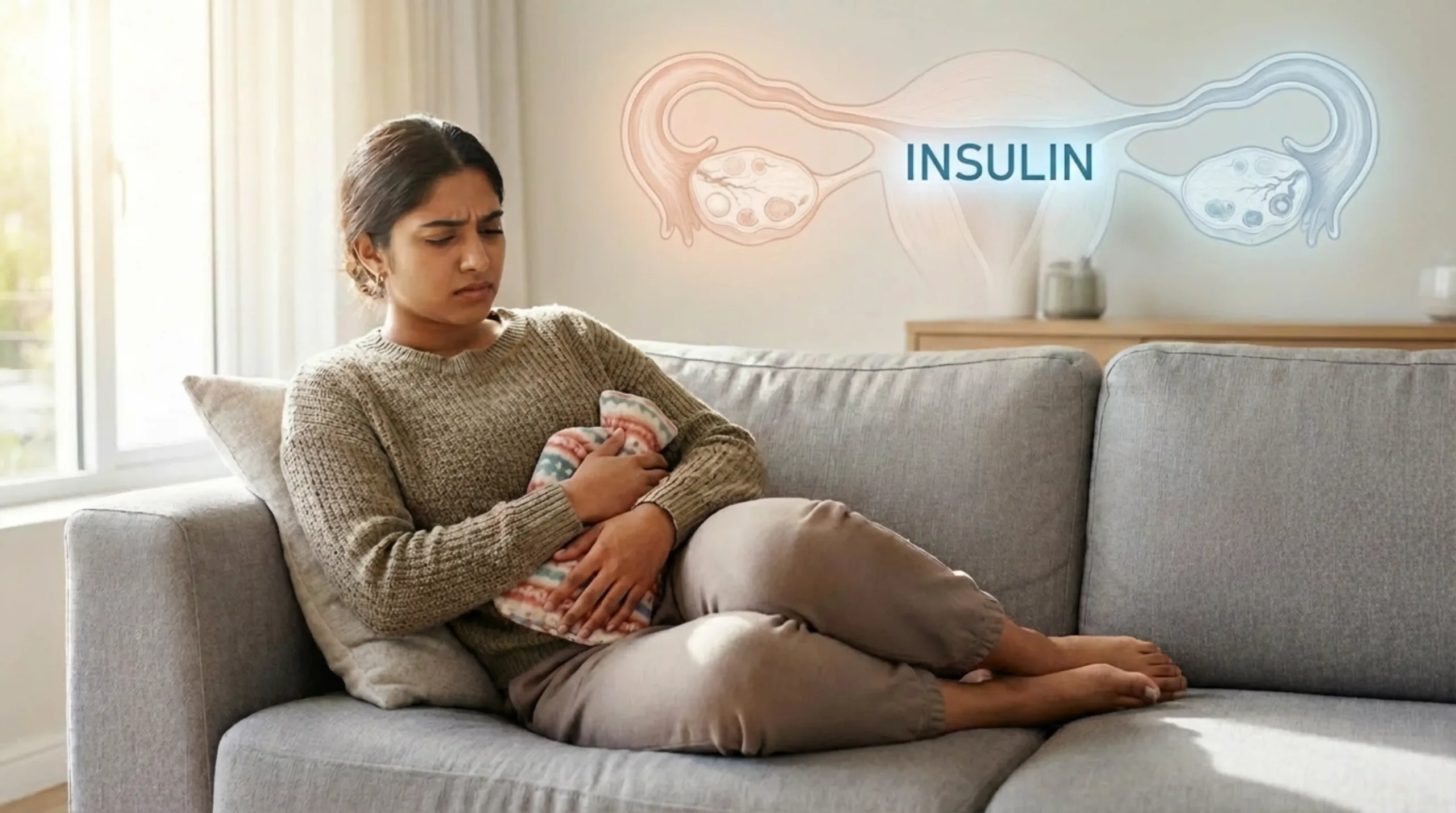 "A young woman sitting on a grey couch holding a hot water bottle to her abdomen, showing menstrual discomfort linked to irregular periods in PCOS. A faint overlay of the uterus and ovaries with the word 'INSULIN' highlights insulin's role in the condition."
