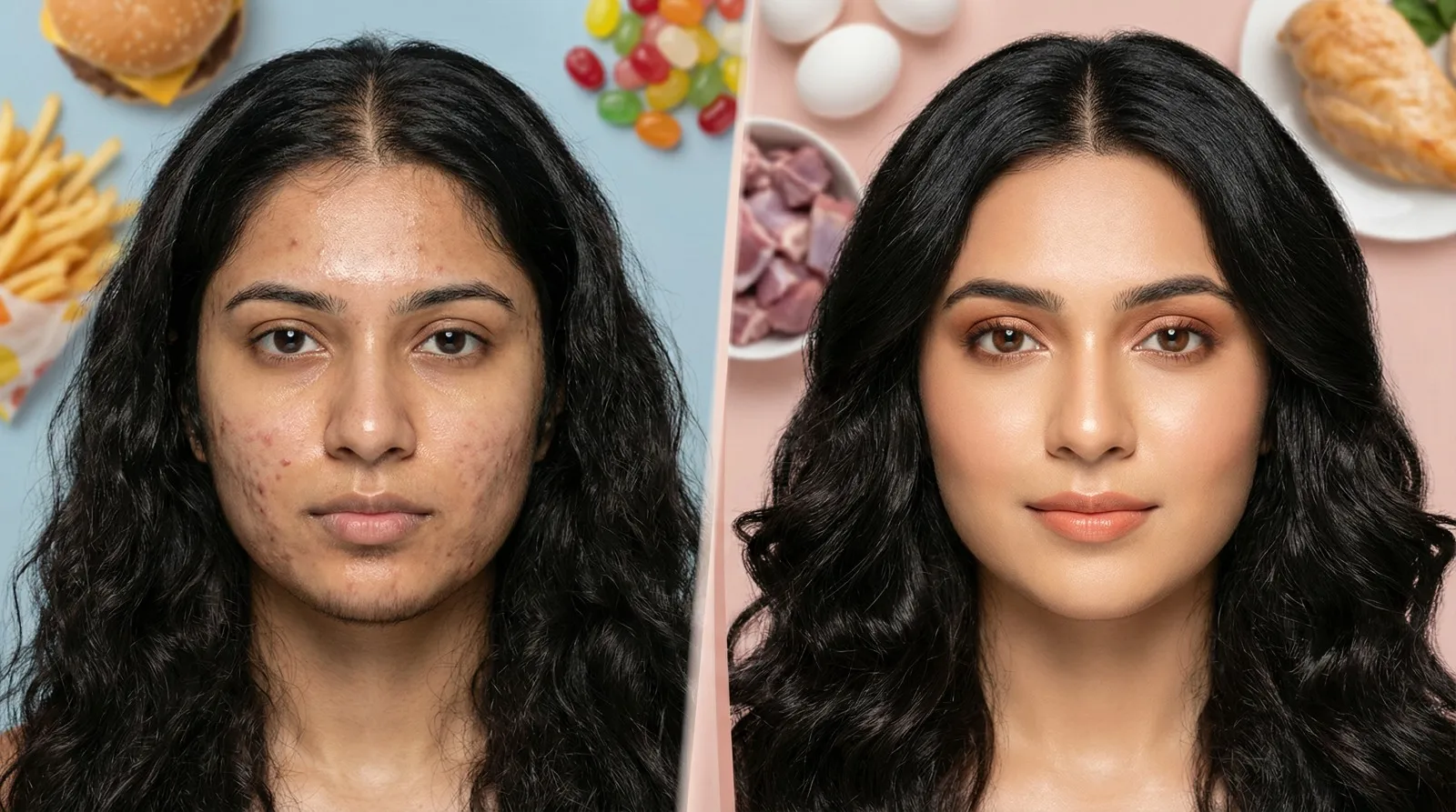 A side-by-side image of a woman’s face showing changes related to PCOS acne and hair loss. The left side (Before) displays noticeable acne and uneven skin texture with a background of fast food like burgers, fries, and candy. The right side (After) shows clear, smooth skin with makeup, set against a background of healthy foods such as eggs, meat, and chicken, highlighting improvement through dietary change.