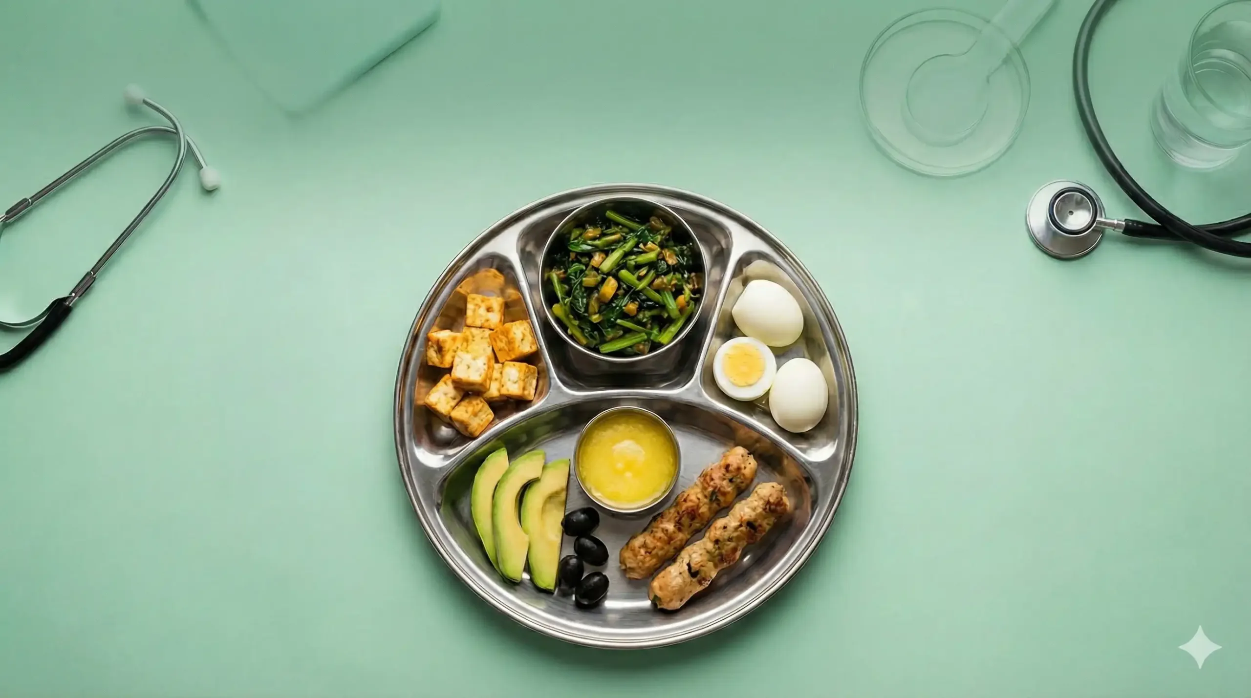 A top-down view of a stainless steel, compartmentalized meal plate aligned with a 7-day diabetes reversal meal plan, set against a mint-green background with a stethoscope nearby. The plate includes a low-carb, high-fat meal of saag, hard-boiled eggs, kebabs, melted ghee, sliced avocado with black olives, and cubes of paneer or tofu.