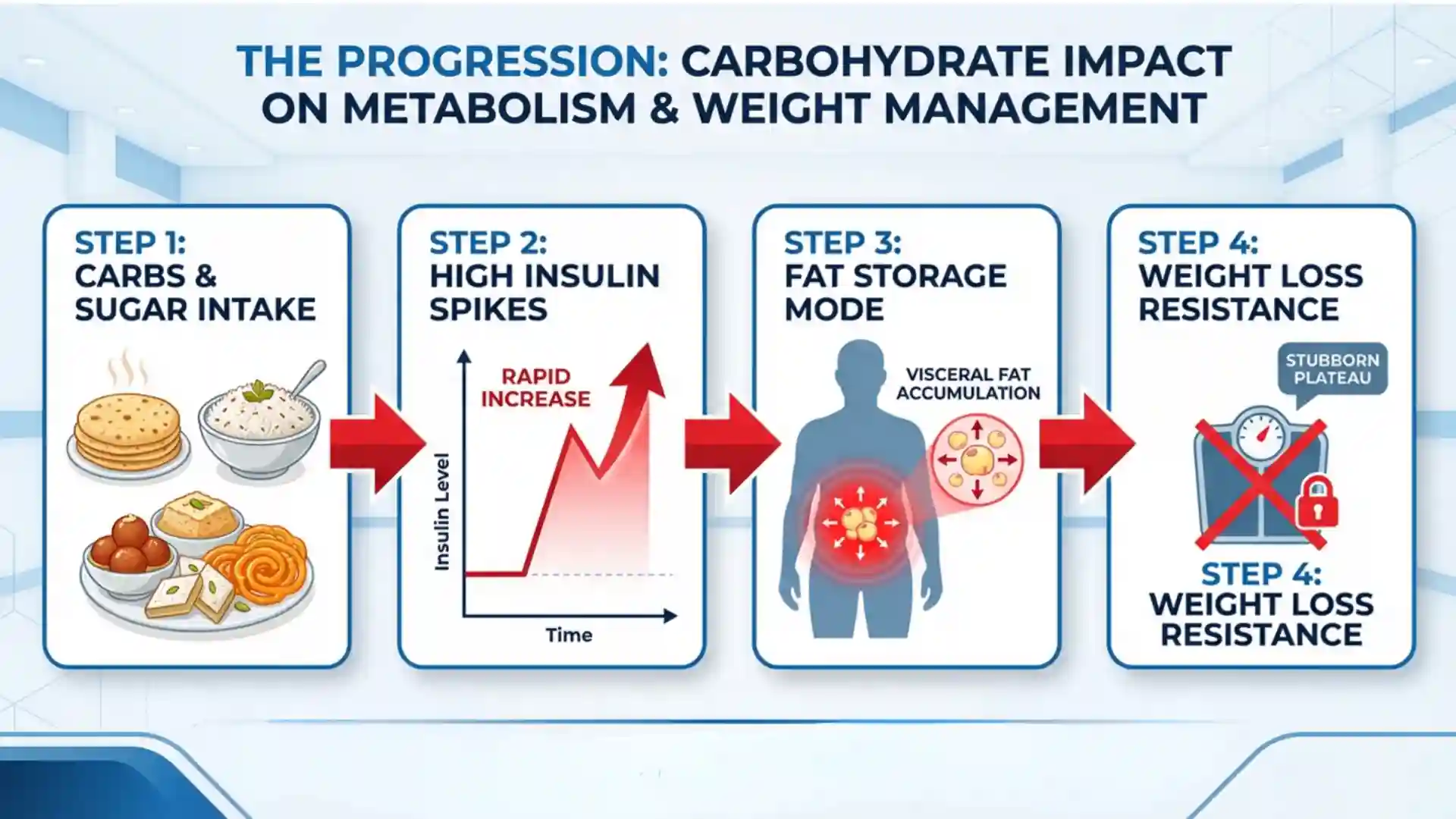 "A four-step infographic titled 'The Progression: Carbohydrate Impact on Metabolism & Weight Management' showing how high-carb foods lead to insulin spikes, fat storage around the belly, and weight-loss resistance — illustrating the metabolic pathway behind weight loss for insulin resistance."