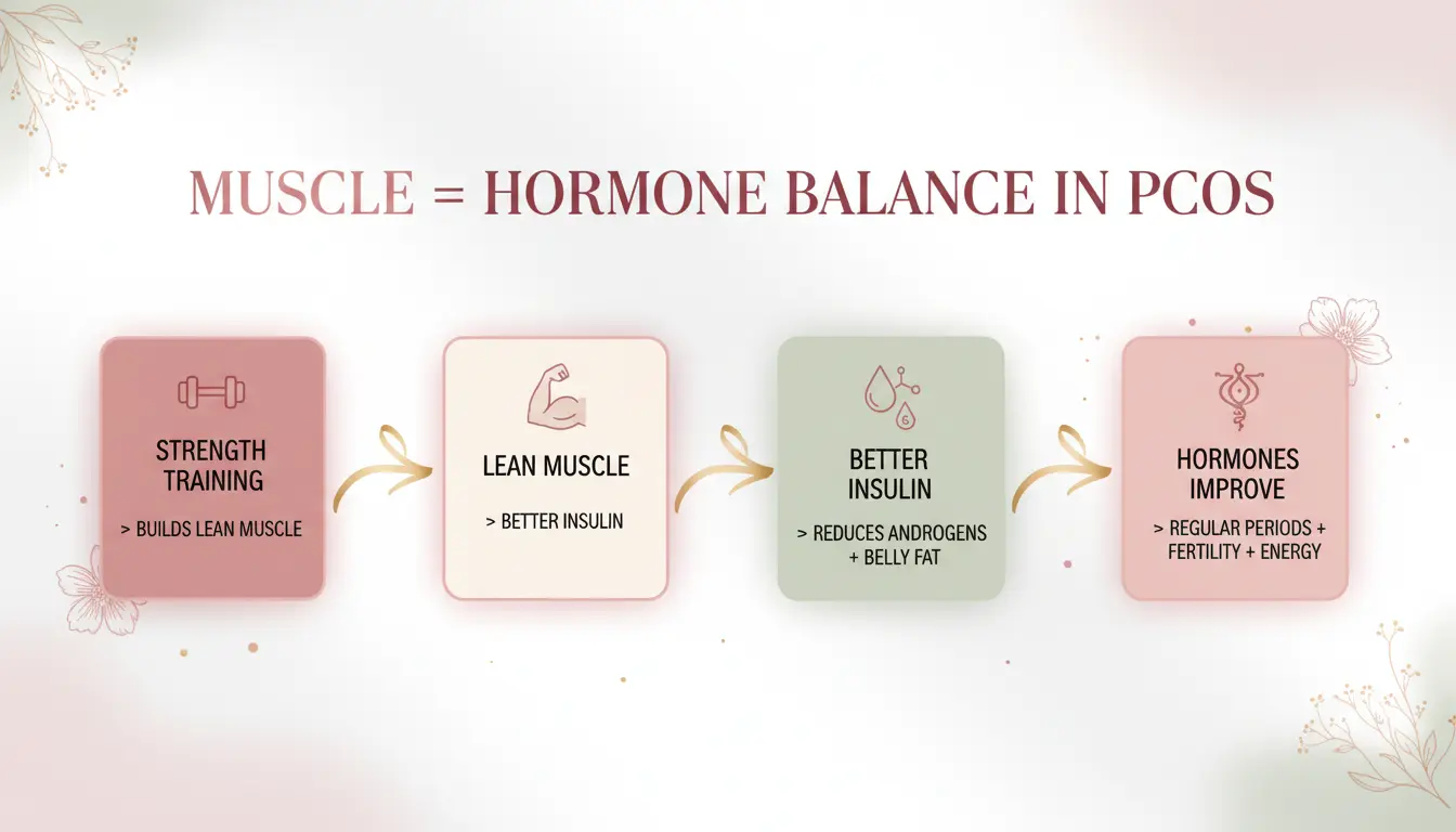 Infographic titled “Muscle = Hormone Balance in PCOS” explaining how strength training for PCOS builds lean muscle, improves insulin sensitivity, reduces androgens and belly fat, and supports regular periods, fertility, and sustained energy.