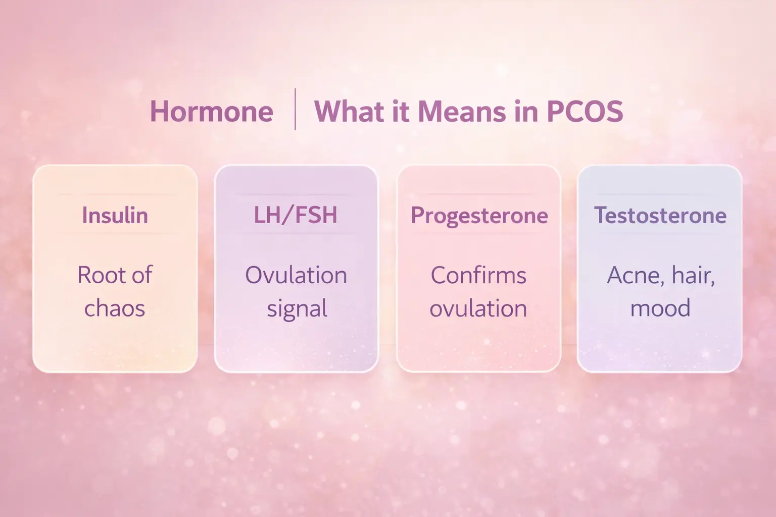 Pastel infographic explaining hormone balance while tracking fertility during PCOS reversal, showing insulin as the root of metabolic chaos, LH and FSH as ovulation signals, progesterone confirming ovulation, and testosterone linked to acne, hair growth, and mood changes on a soft pink background.
