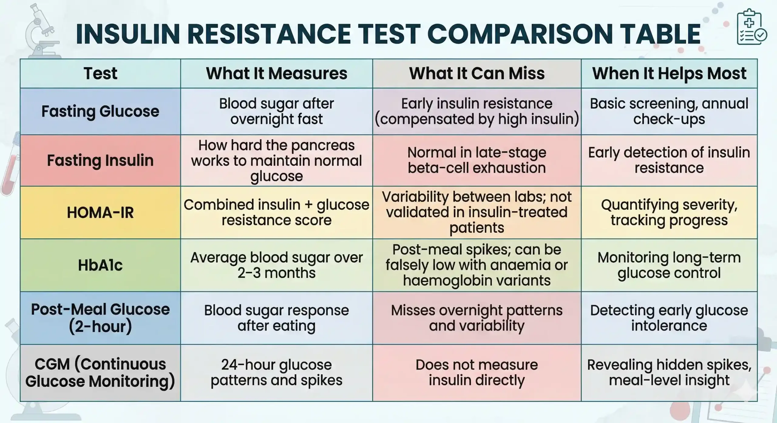 “Insulin Resistance Test Comparison Table” comparing six common tests. It lists: Fasting Glucose (measures blood sugar after fasting but may miss early insulin resistance), Fasting Insulin (shows how hard the pancreas works, useful for early detection), HOMA-IR (a combined insulin and glucose score to track severity), HbA1c (average blood sugar over 2–3 months, but may miss spikes), Post-Meal Glucose (shows blood sugar after eating, useful for early intolerance), and CGM (continuous glucose monitoring for 24-hour patterns and hidden spikes). The table highlights what each test measures, its limitations, and when it is most useful.