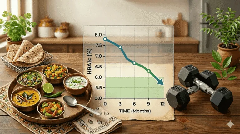 Illustration showing how to reduce HbA1c level naturally through Indian diet and exercise — Redial Clinic guide