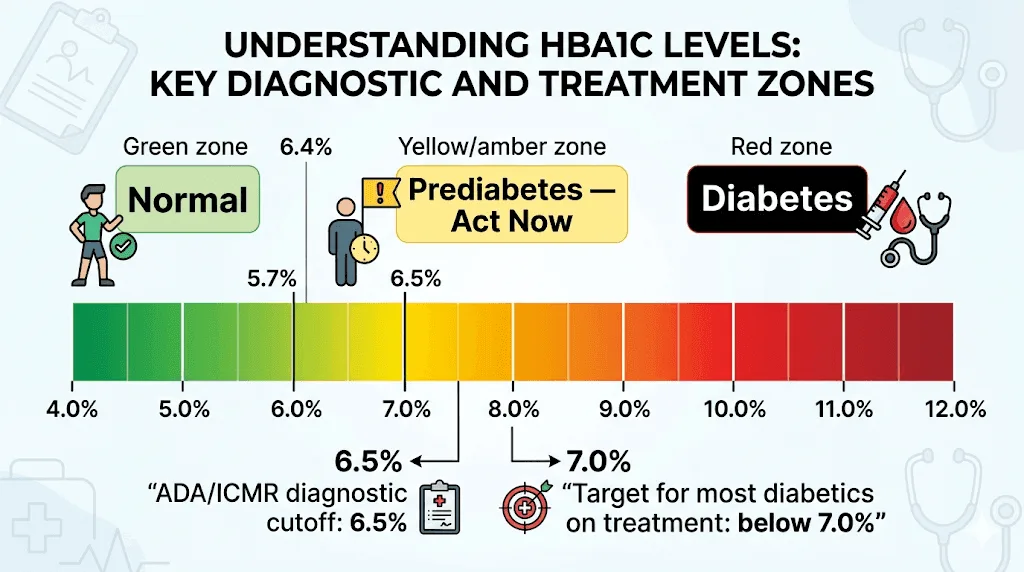 Infographic showing the HbA1c spectrum from normal (below 5.7%) to prediabetes (5.7–6.4%) to diabetes (6.5% and above)