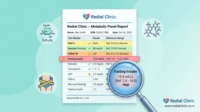 A clean, modern illustration showing a lab report with multiple test markers (fasting insulin, HOMA-IR, HbA1c, glucose) highlighted in different colours. A magnifying glass focuses on the fasting insulin row, symbolising the ‘hidden’ marker. Subtle metabolic icons (a glucose molecule, an insulin molecule, a waist measurement tape) float around the report. Redial Clinic logo and URL in the bottom-right corner. Background: soft teal gradient.