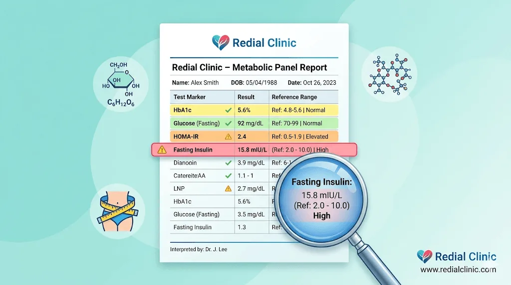 A clean, modern illustration showing a lab report with multiple test markers (fasting insulin, HOMA-IR, HbA1c, glucose) highlighted in different colours. A magnifying glass focuses on the fasting insulin row, symbolising the ‘hidden’ marker. Subtle metabolic icons (a glucose molecule, an insulin molecule, a waist measurement tape) float around the report. Redial Clinic logo and URL in the bottom-right corner. Background: soft teal gradient.